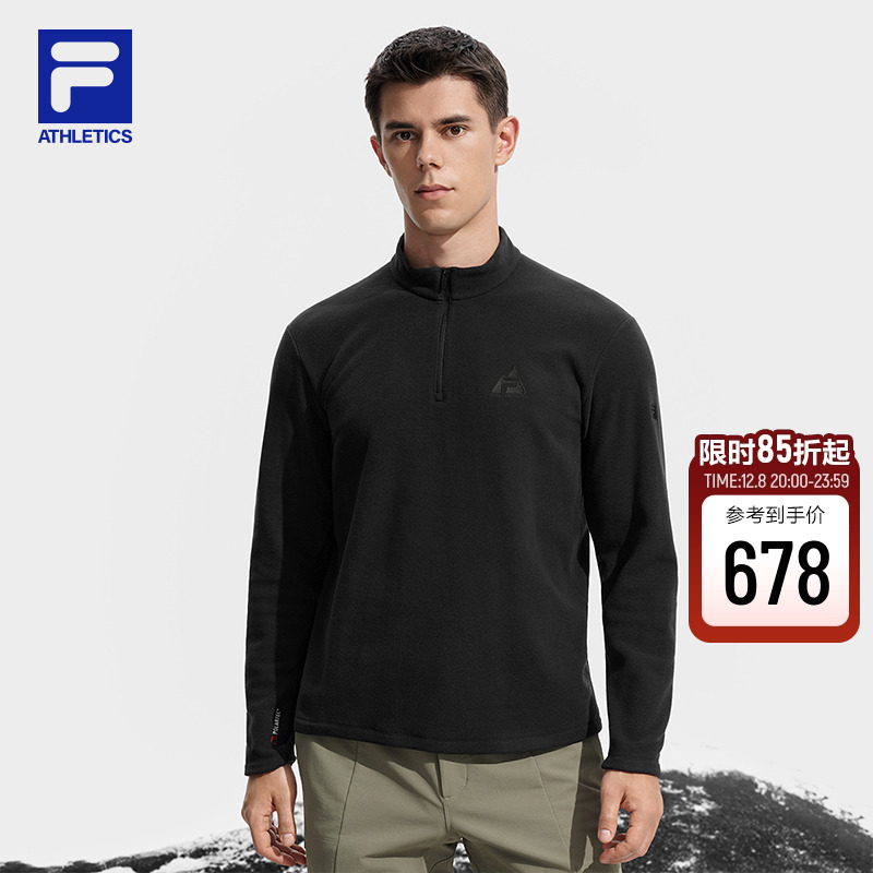 FILA 斐乐官方男士针织长袖上衣2025冬新款户外运动舒适摇粒绒长T