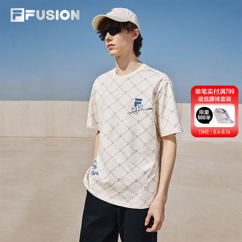FILA FUSION斐乐潮牌情侣老花短袖T2026夏季纯棉上衣