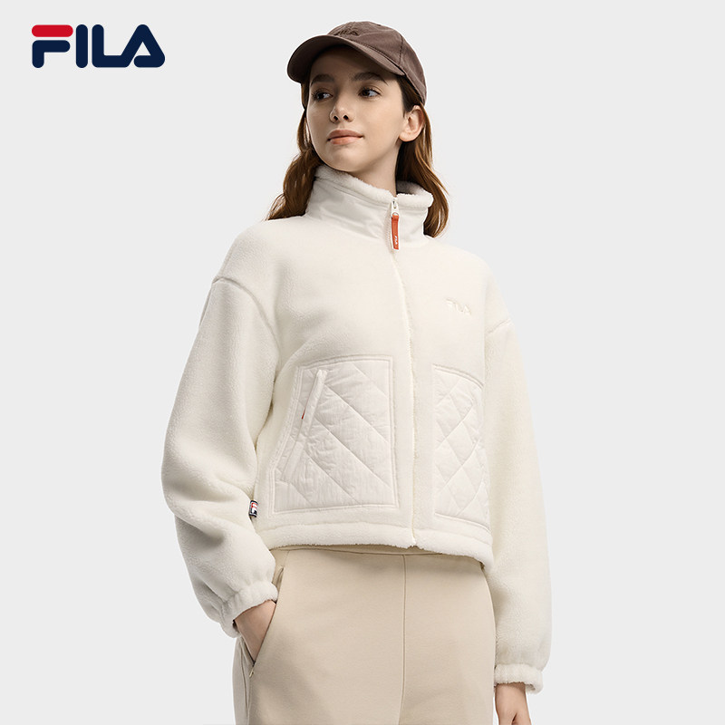 FILA 斐乐官方女士针织长袖外套2025冬新款时尚立领仿羊羔绒上衣