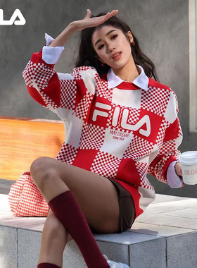 马上起飞FILA斐乐官方情侣长袖毛衣女编织衫保暖红色新年款上衣男