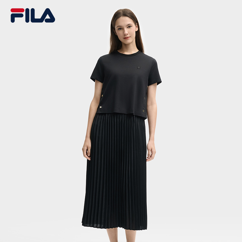 FILA 斐乐官方女子连衣裙2025夏新款时尚简约休闲舒适拼接百褶裙