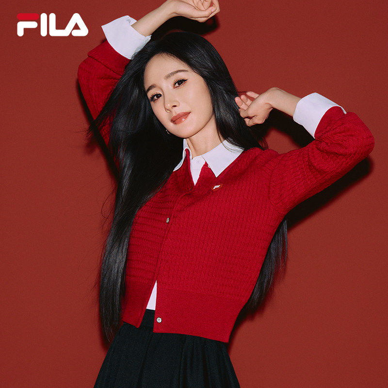 杨幂同款FILA马上起飞腮红毛衣女编织外套春季新款麻花开衫上衣
