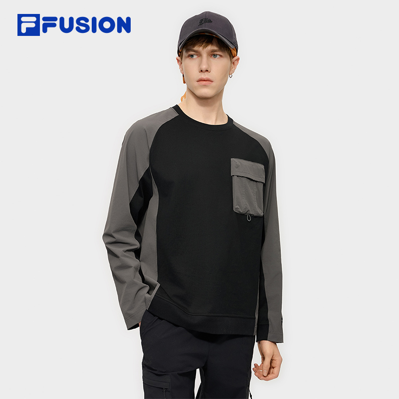 FILA FUSION斐乐潮牌男装上衣2025冬新款时尚休闲宽松拼色长袖T恤