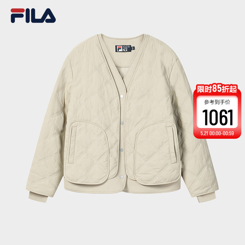 FILA 斐乐官方女士棉服2026春新款时尚休闲绗缝V领假两件保暖外套