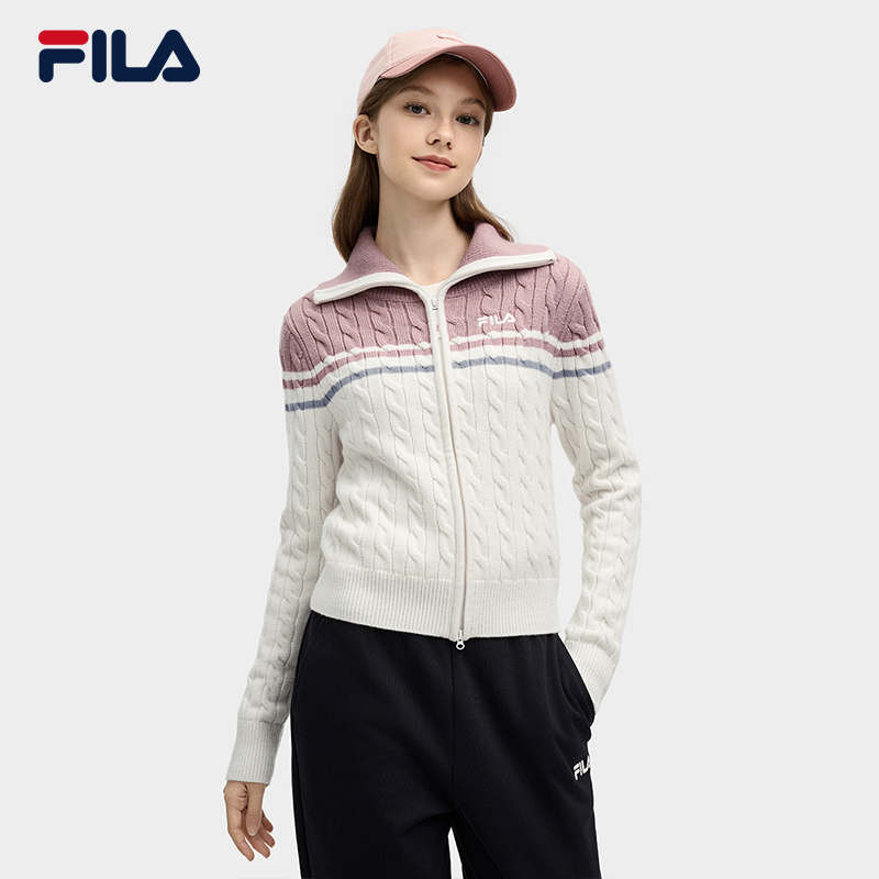 FILA 斐乐官方女士编织外套2025春新款时尚修身拼色翻领短款毛衣