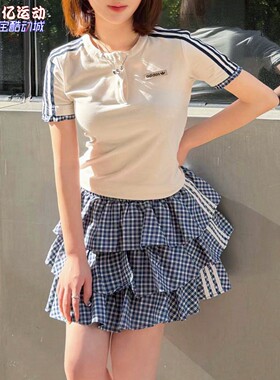 阿迪达斯女26夏学院风复古格子运动休闲短袖T恤衫裙子KU9392 9393