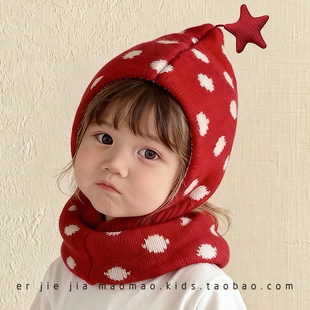 宝宝帽子冬红色帽子围巾一体披肩男女童护耳帽洋气幼儿毛线精灵帽
