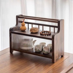 胡桃实木桌面收纳盒长虹玻璃储物柜子茶具杯子置物架沥杯架博古架