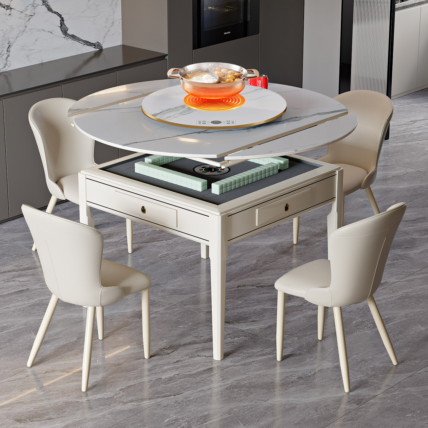 火锅电磁炉餐桌麻将桌两用一体实木麻将机全自动家用静音伸缩圆桌