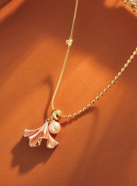 铜镀真金珐琅银杏叶珍珠项链轻奢小众设计气质高级锁骨链批发代发