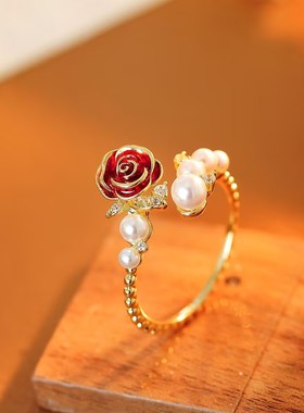 甜美玫瑰花小珍珠可调节开口指环不掉色女小众高级食指戒批发代发