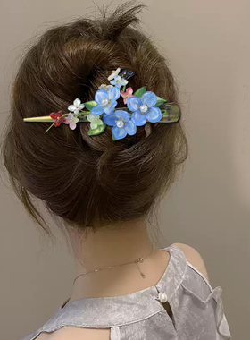 蓝色花朵古风大号鸭嘴夹