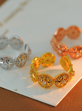 铜镀真金欧美轻奢气质微镶锆石八芒星戒指小众设计时尚高级感戒指