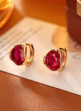 源头工厂红色锆石耳环高级感时尚简约气质耳饰铜镀真金网红风耳扣