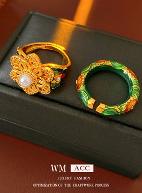 中古vintage锆石珍珠花朵戒指小众高级感食指戒时尚复古百搭手饰