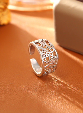 复古风镂空碎花开口戒指高级感时尚小众个性设计活口戒金属风指环