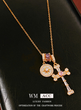 18k真金电镀锆石贝母十字架项链轻奢小众锁骨链气质百搭项饰批发