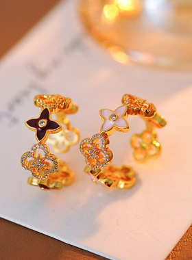 幸运四叶草气质重工经典精美百搭花朵开口戒指批发代发