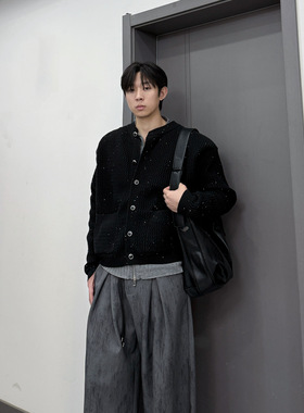 IDDB 秋冬美式满天星黑色针织开衫男士宽松圆领纽扣毛衣外套休闲