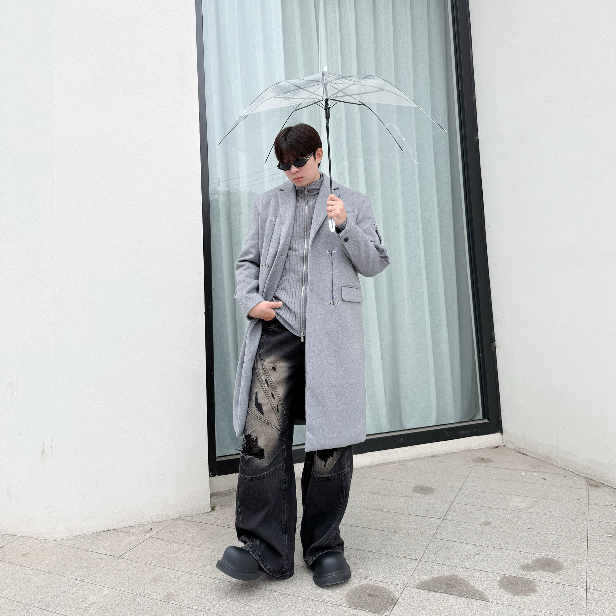 IDDB  解构垫肩秋冬季加棉毛呢大衣男西装外套中长款金属风衣设计