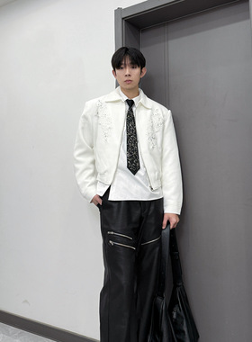 IDDB  春秋纯色刺绣痞帅垫肩夹克男士小众设计感短款翻领外套潮流