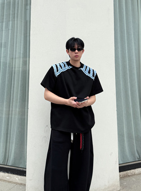 IDDB 黑色牛仔拼接短袖男士痞帅高级感垫肩t恤设计感美式半袖上衣