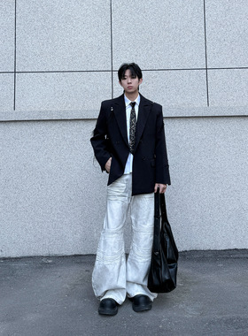 IDDB 高级感黑色西装外套男宽松休闲痞帅垫肩夹克潮流西服上衣潮