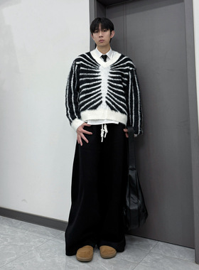 IDDB 韩版复古条纹V领针织衫男女同款宽松百搭黑白拼色短款毛衣潮