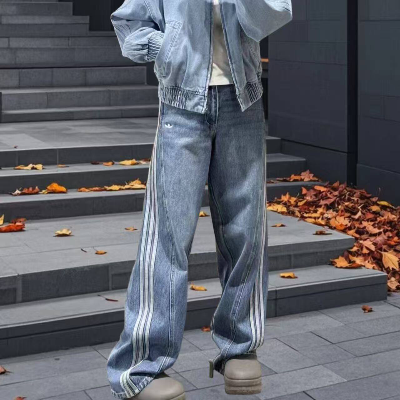 宋雨琦同款三条杠复古牛仔裤女显瘦宽松阔腿裤运动休闲男女长裤