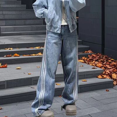 中高腰运动休闲牛仔裤直筒长裤潮
