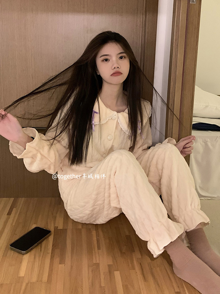 한국 소녀 산호 벨벳 잠옷 가을 겨울 두꺼운 플러스 벨벳 따뜻한 인형 칼라 포켓 베어 플란넬 가정복