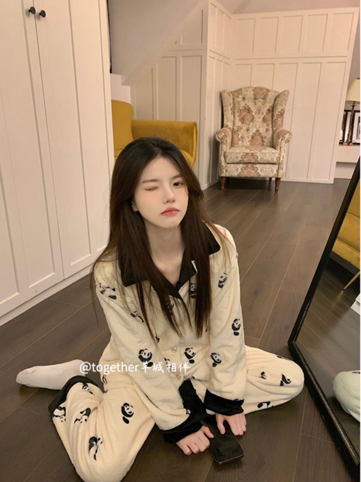 여성을위한 한국어 달콤한 멋진 스타일 팬더 산호 벨벳 잠옷 가을 겨울 정장 두꺼운 플러스 벨벳 따뜻한 플란넬 가정 의류