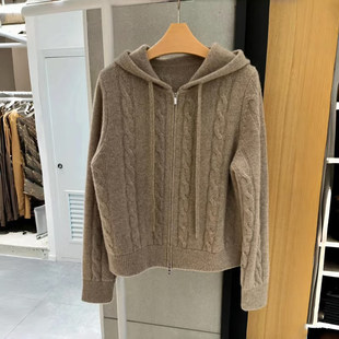 MM麦檬麻花纹连帽拉链针织开衫休闲百搭毛衣外套老钱风5GA234651