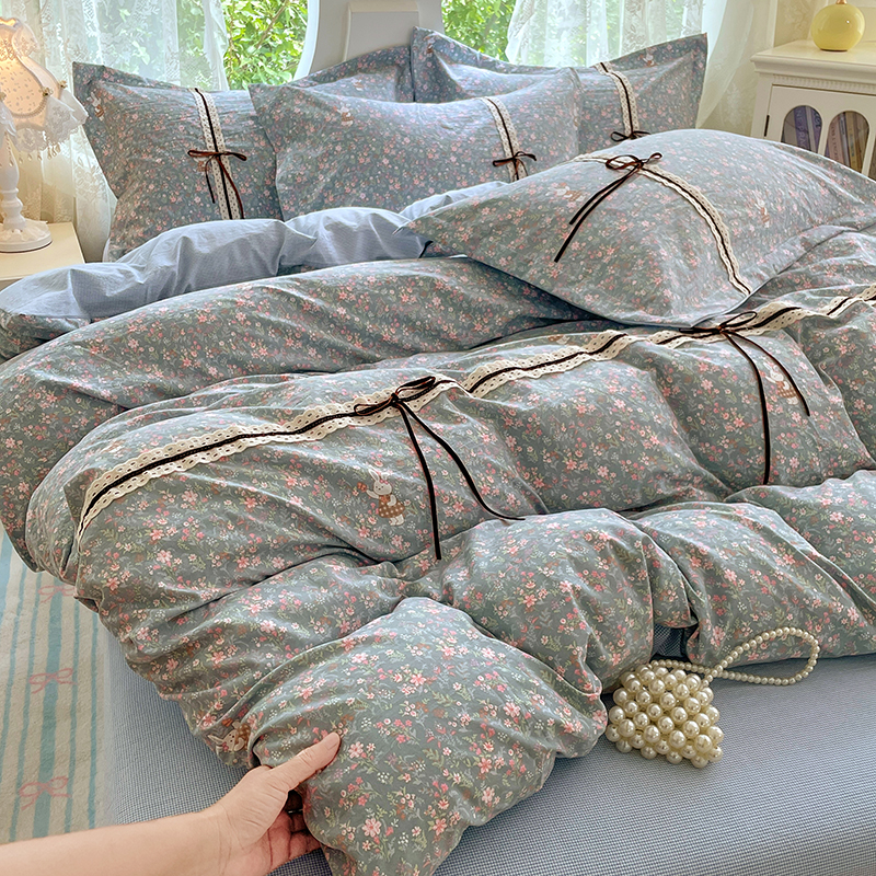 A类云感木棉提花双层纱蝴蝶结全棉四件套学生宿舍三件套床单被套