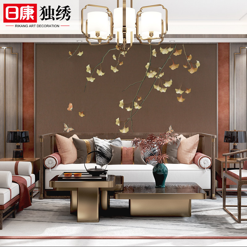 现代中式墙布卧室床头背景刺绣壁布银杏叶现代客厅沙发电视背景墙