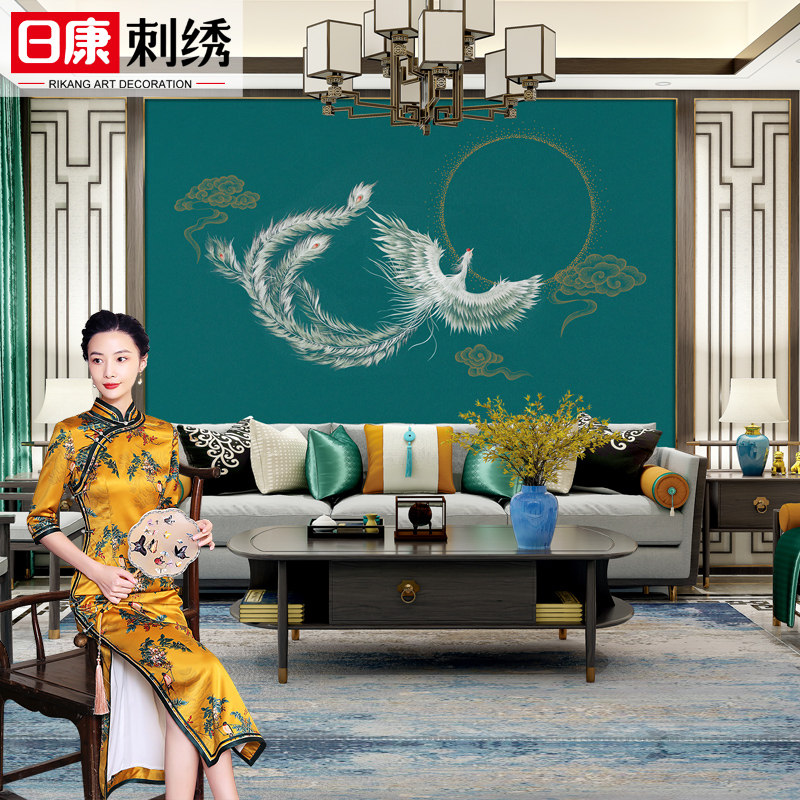 新中式刺绣独秀卧室床头背景墙布凤凰于飞客厅沙发电视背景壁布