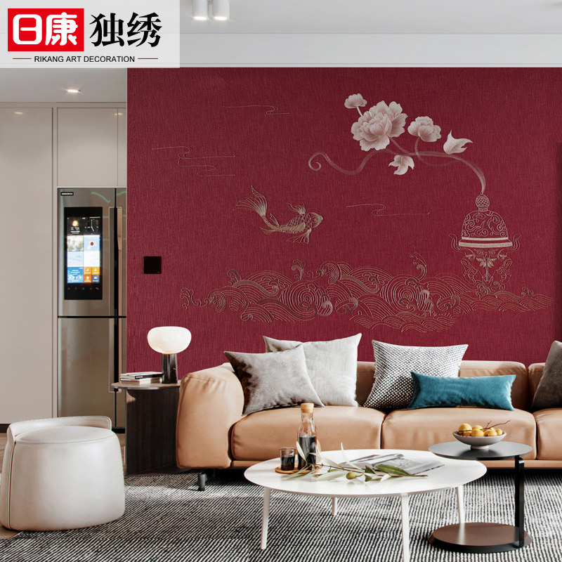 独秀刺绣如鱼得水古典中式卧室床头背景墙布客厅沙发电视背景壁布