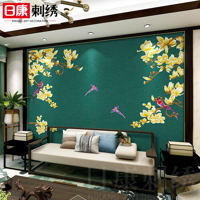 定制独绣无缝刺绣墙布中式芳香四溢卧室客厅沙发电视背景墙壁布