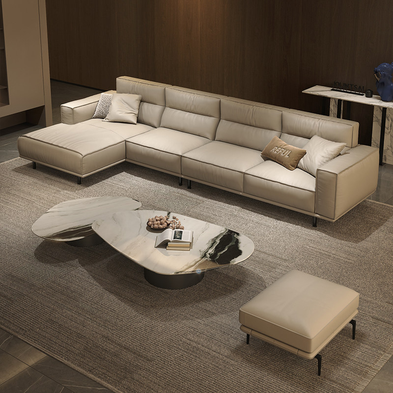 粤府2025年意大利真皮沙发高靠背贵妃转角极简皮艺沙发头层牛皮