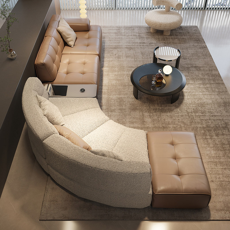弧形创意模块棉麻真皮高靠背异形转角无扶手落地广东佛山顺德沙发