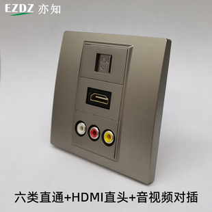 深灰色86型HDMI电脑直通音视频对插莲花AV音频CAT6千兆HDMI面板