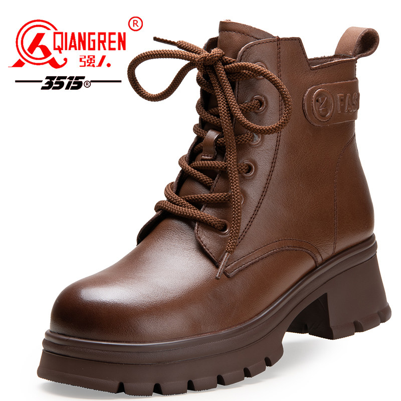 强人3515女靴冬季保暖羊毛靴加绒加厚真皮短靴厚底马丁靴大棉女鞋