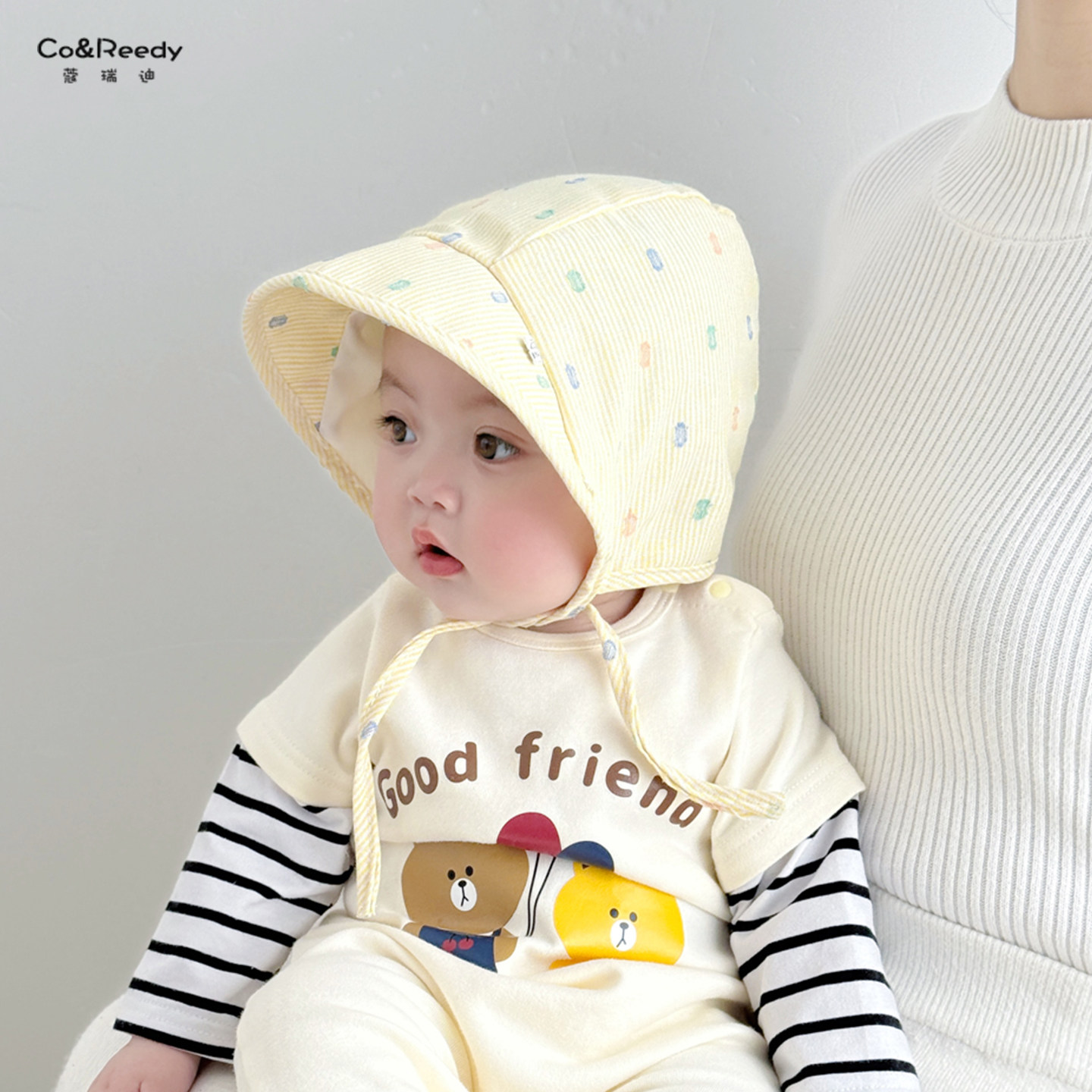 婴儿帽子春夏季透气遮阳防晒护耳帽男女宝宝可爱立体波点包头帽