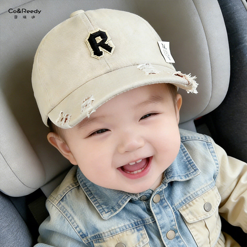 婴儿帽子夏季薄款男女宝宝棒球帽破洞字母儿童鸭舌帽遮阳防晒春秋