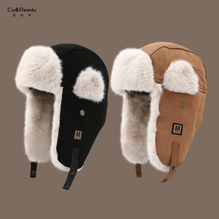 儿童帽子秋冬季加厚雷锋帽复古M字母标户外骑行滑雪加绒护耳帽潮