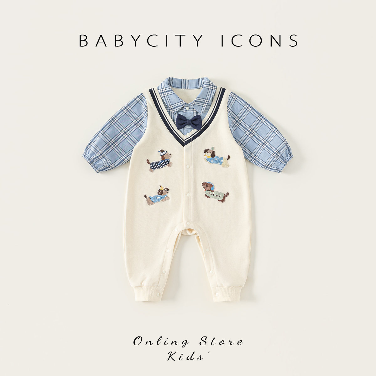 贝贝城卡通绣标假两件拼接爬服