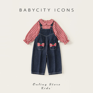 贝贝城女童套装2026春季新款儿童洋气背带裤春秋宝宝红色时髦童装