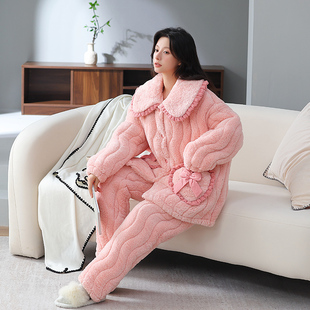 珊瑚绒睡衣女款冬季加绒加厚三层夹袄冬天翻领保暖家居服套1111w