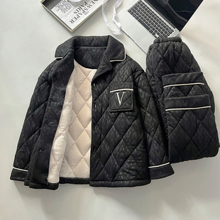 睡衣男冬季加绒加厚珊瑚绒三层夹袄翻领保暖家居服套装1111w