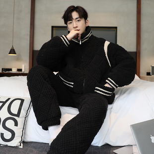 男士睡衣冬季珊瑚绒三层夹袄加厚加绒家居服套装1111w